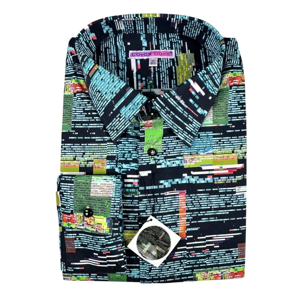 Coton Doux Mens Glitch Art Digital Code Print Shirt Slim Fit Cotton Size 42 16.5